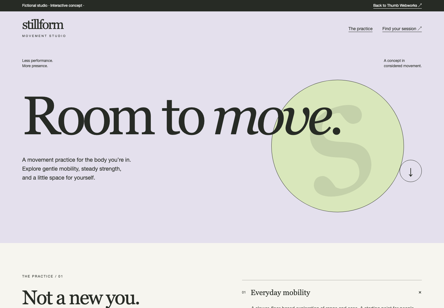 Stillform concept: oversized editorial lettering on lilac, a pale green circular mark, and a movement practice introduction.