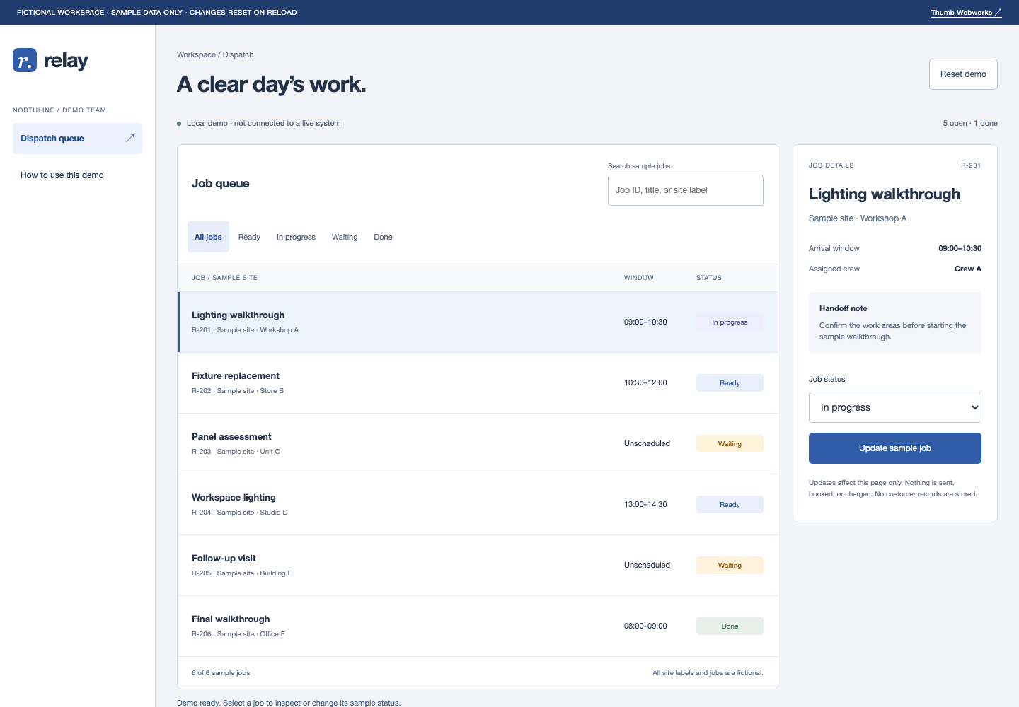 Relay concept: a light dispatch workspace with blue navigation, a searchable job queue, and a job detail panel.