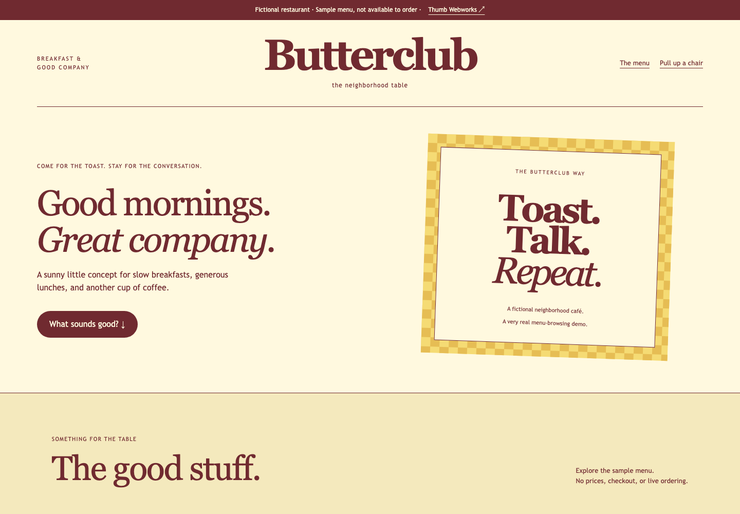 Butterclub concept: burgundy café typography, a butter-yellow check pattern, and an interactive sample menu.
