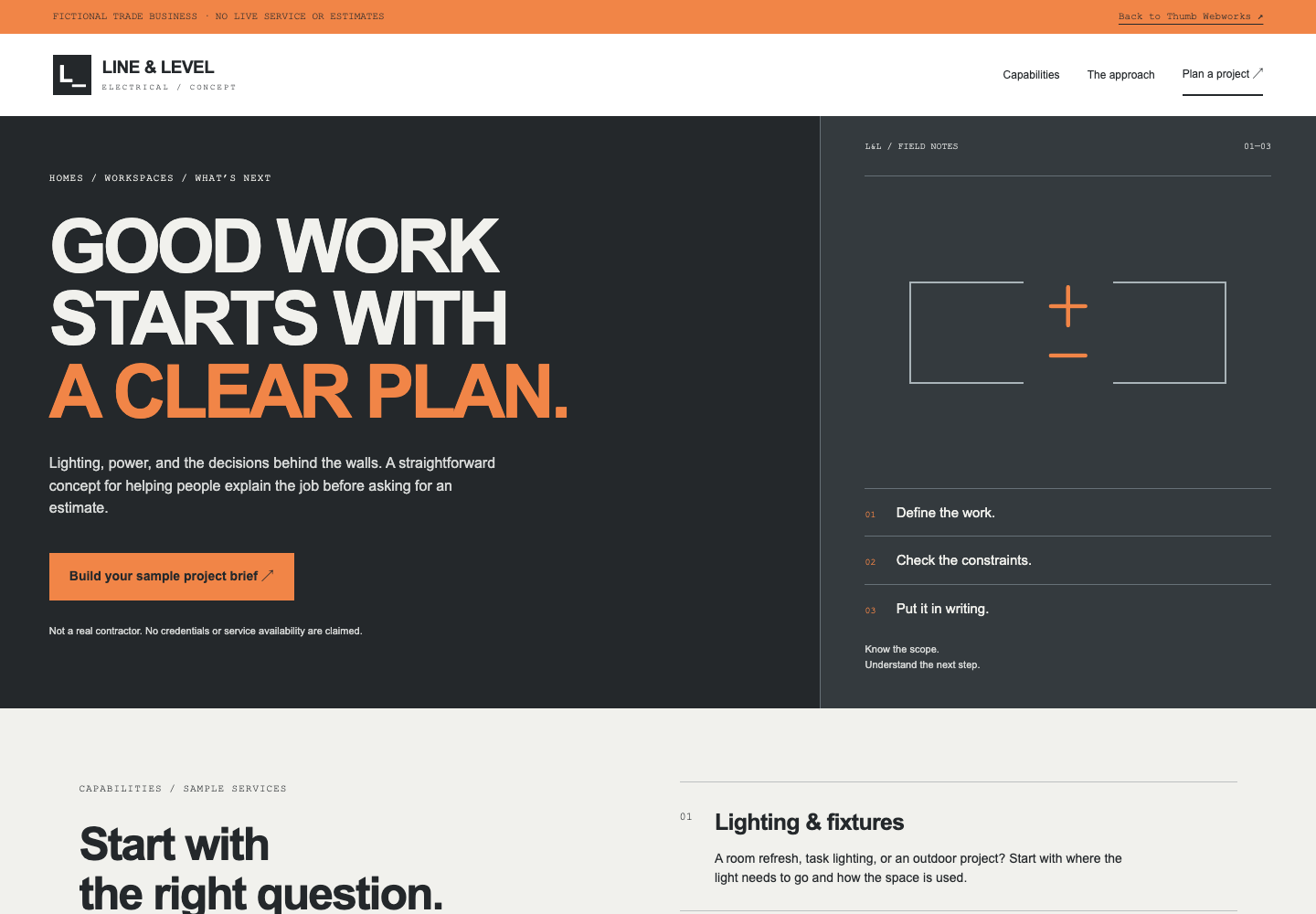 Line and Level concept: charcoal and orange electrical project planning, bold utility typography, and a field-notes panel.